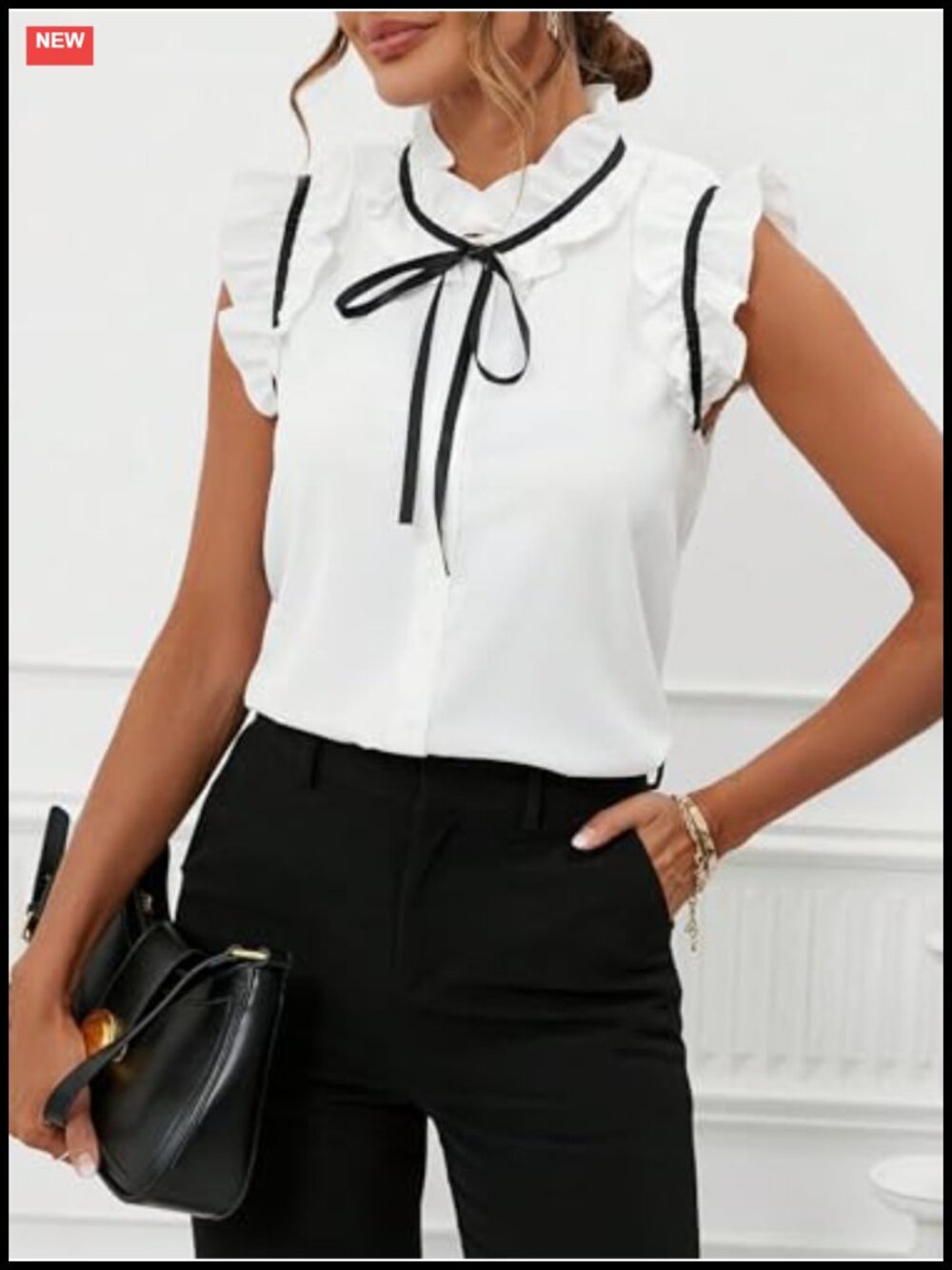 Women's Bow Tie Neck Ruffle Blouse Mock Neck Cap Sleeve Office Business Top - Picture 5 of 6